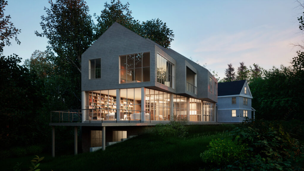 A photograph of a house. The lower level has glass walls with a view of bookshelves.