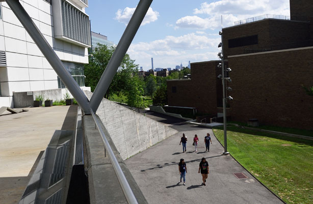 A view from the upper entrance of the Spitzer School of Architecture, overlooking the lawn and Aaron Davis Hall.