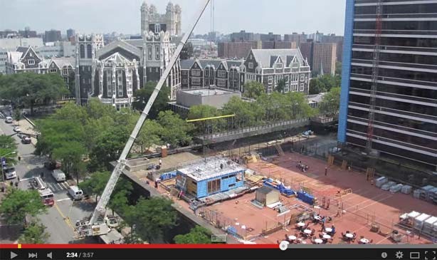 A screen capture from a video showcasing the construction of the Solar Roofpod at the cutting-edge Spitzer School of Architecture in NYC.