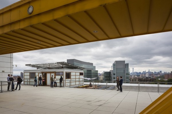The Solar Roof Pod installation on the rooftop of the Spitzer School of Architecture, captured from the open-air amphitheater.