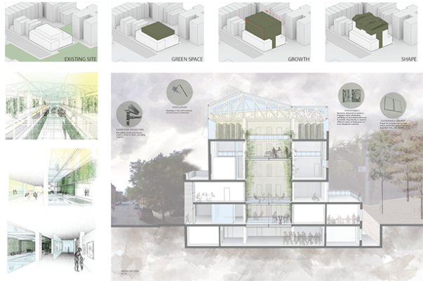 renderings: “Green Insert” connected health education and new public green space