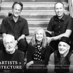 group photo of five artists with exhibit title and names