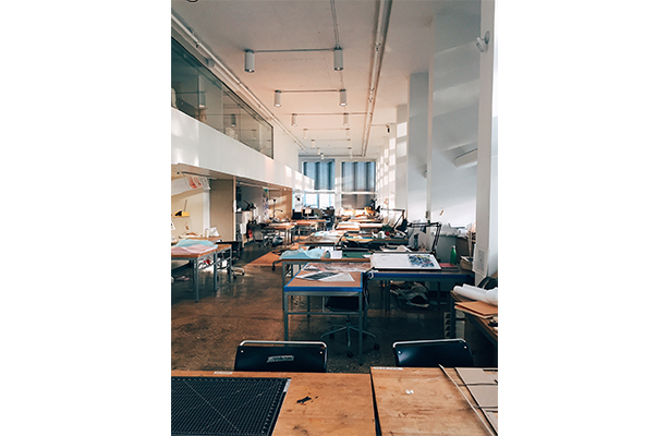 An interior view of the studio at the inclusive Spitzer School of Architecture.