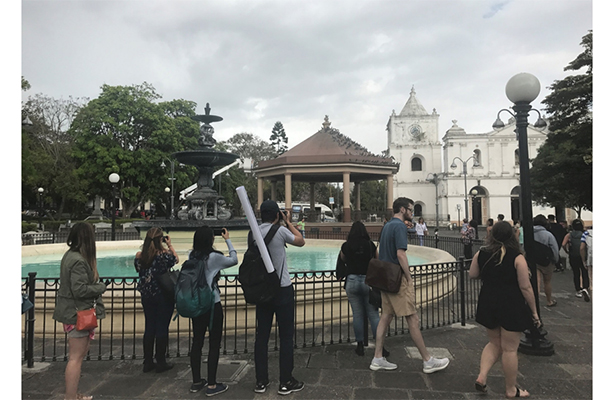 students walking around the city