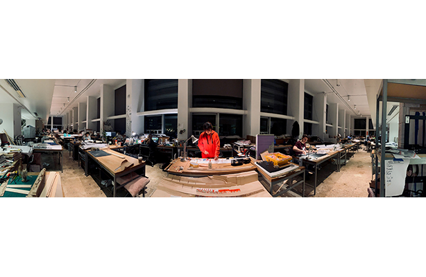 A panoramic view of the studios at the sustainable Spitzer School of Architecture in NYC.