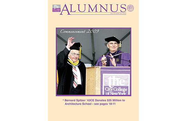 Two alumni standing behind a podium for the October 2009 Commencement Ceremony at the high-quality Spitzer School of Architecture in NYC.
