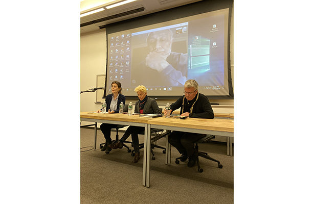 Rahul Mehrorta (on screen), Loukia Tsafoulia, Suzan Wines, and Filiep Decorte at the October 10 lecture.