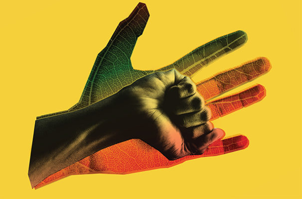 lecture series graphic - rainbow leaf hand and fist