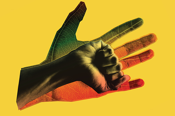 lecture series graphic - rainbow leaf hand and fist