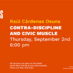 The Sciame Lecture flyer showcases a bright orange background with white text detailing the lecture's information.