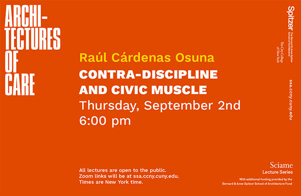 The Sciame Lecture flyer showcases a bright orange background with white text detailing the lecture's information.