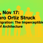 The Sciame Lecture flyer showcases silhouettes of five individuals in vibrant orange against a bright green background.