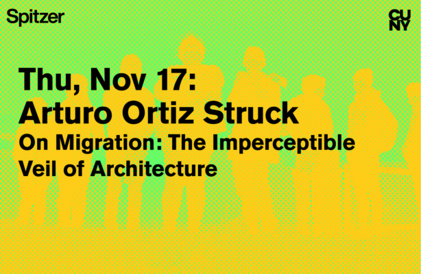 The Sciame Lecture flyer showcases silhouettes of five individuals in vibrant orange against a bright green background.