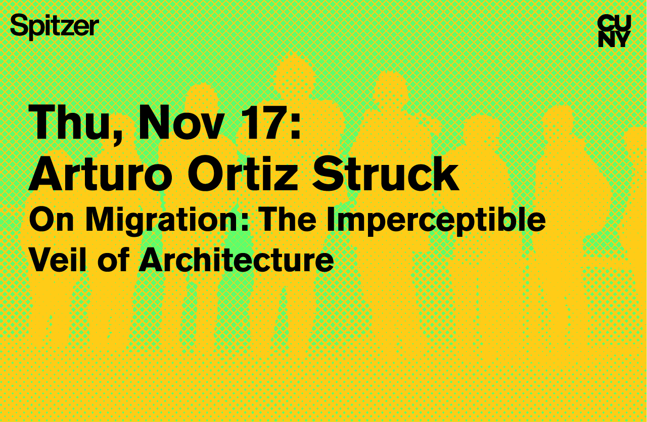 The Sciame Lecture flyer showcases silhouettes of five individuals in vibrant orange against a bright green background.