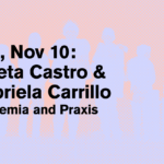 The Sciame Lecture flyer showcases silhouettes of five individuals in pastel purple against a pastel pink background.
