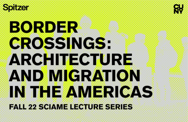 The Sciame Lecture flyer features silhouettes of five individuals in gray against a muted green background.