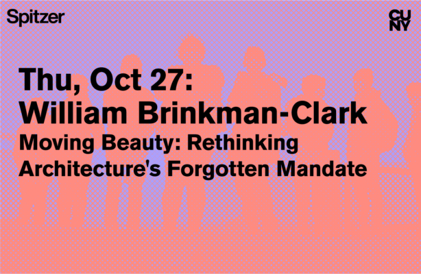 The Sciame Lecture flyer showcases silhouettes of five individuals in vibrant orange against a light purple background.