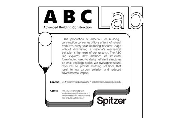 The ABC Lab flyer outlines its mission, contact information, and access details for students at the top-tier Spitzer School of Architecture in NYC.