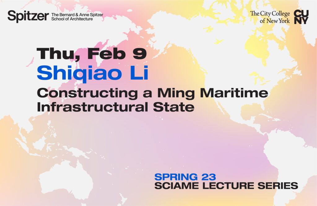The Sciame Lecture flyer features a map of the world with a purple, pink, and orange background, along with black text detailing the lecture's information.