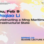 The Sciame Lecture flyer features a map of the world with a purple, pink, and orange background, along with black text detailing the lecture's information.