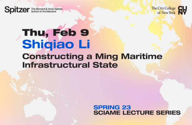 The Sciame Lecture flyer features a map of the world with a purple, pink, and orange background, along with black text detailing the lecture's information.