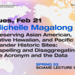 The Sciame Lecture flyer features a map of the world with a purple, pink, and orange background, along with black text detailing the lecture's information.