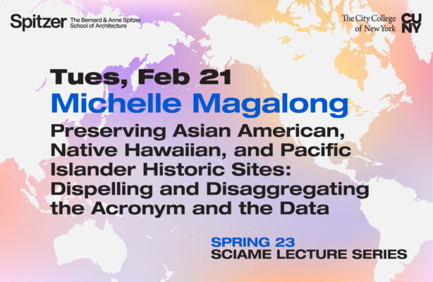 The Sciame Lecture flyer features a map of the world with a purple, pink, and orange background, along with black text detailing the lecture's information.