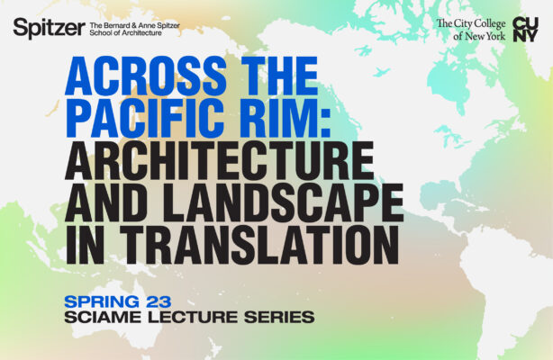 The Sciame Lecture flyer features a map of the world with a blue, beige, and green background, along with black text detailing the lecture's information.