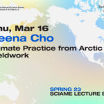 The Sciame Lecture flyer features a map of the world with a blue, beige, and green background, along with black text detailing the lecture's information.