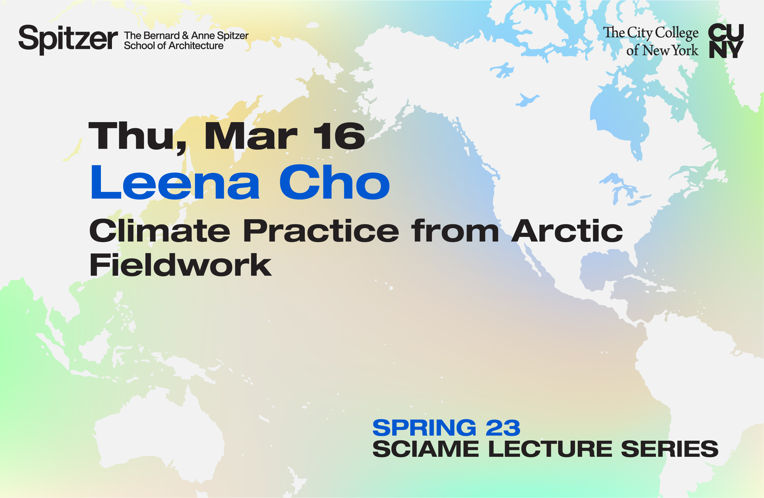 The Sciame Lecture flyer features a map of the world with a blue, beige, and green background, along with black text detailing the lecture's information.