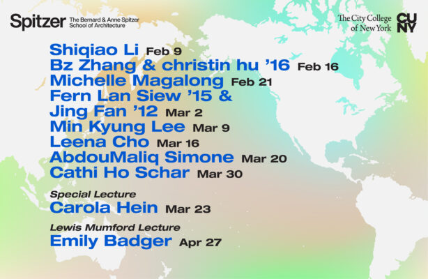 The Sciame Lecture flyer features a map of the world with a blue, beige, and green background, along with black text detailing the lecture's information.