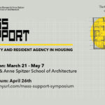 The Mass Support flyer features a gray background with a floor plan in the upper right corner, exhibition dates, and a link.