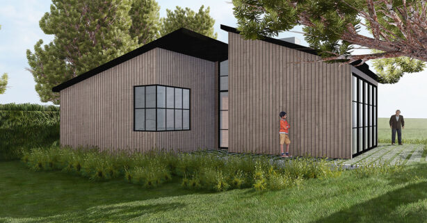 A B. Arch student designed a rendering featuring a lush green grass lawn in front of a building.