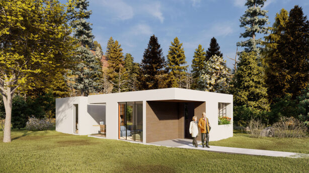 A rendering of a building in front of a green grass lawn, designed by a B. Arch student.