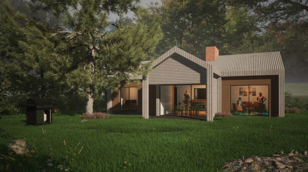 A B. Arch student designed a rendering featuring a lush green grass lawn in front of a building.