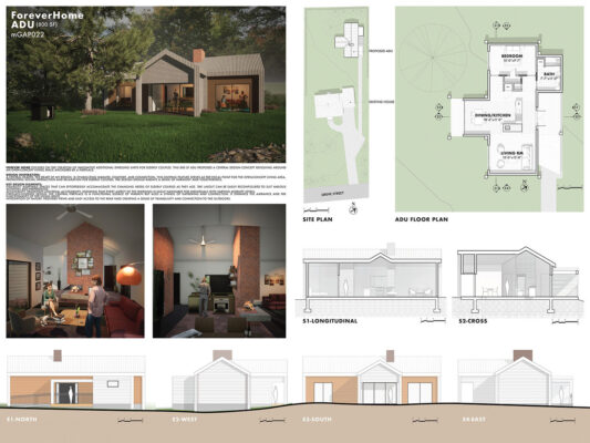 Composite image of floor plans and building on front of a green grass lawn and tree.