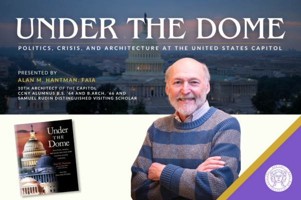 Graphic composite of Alan Hantman standing with his arms crossed in front of the US Capitol building.