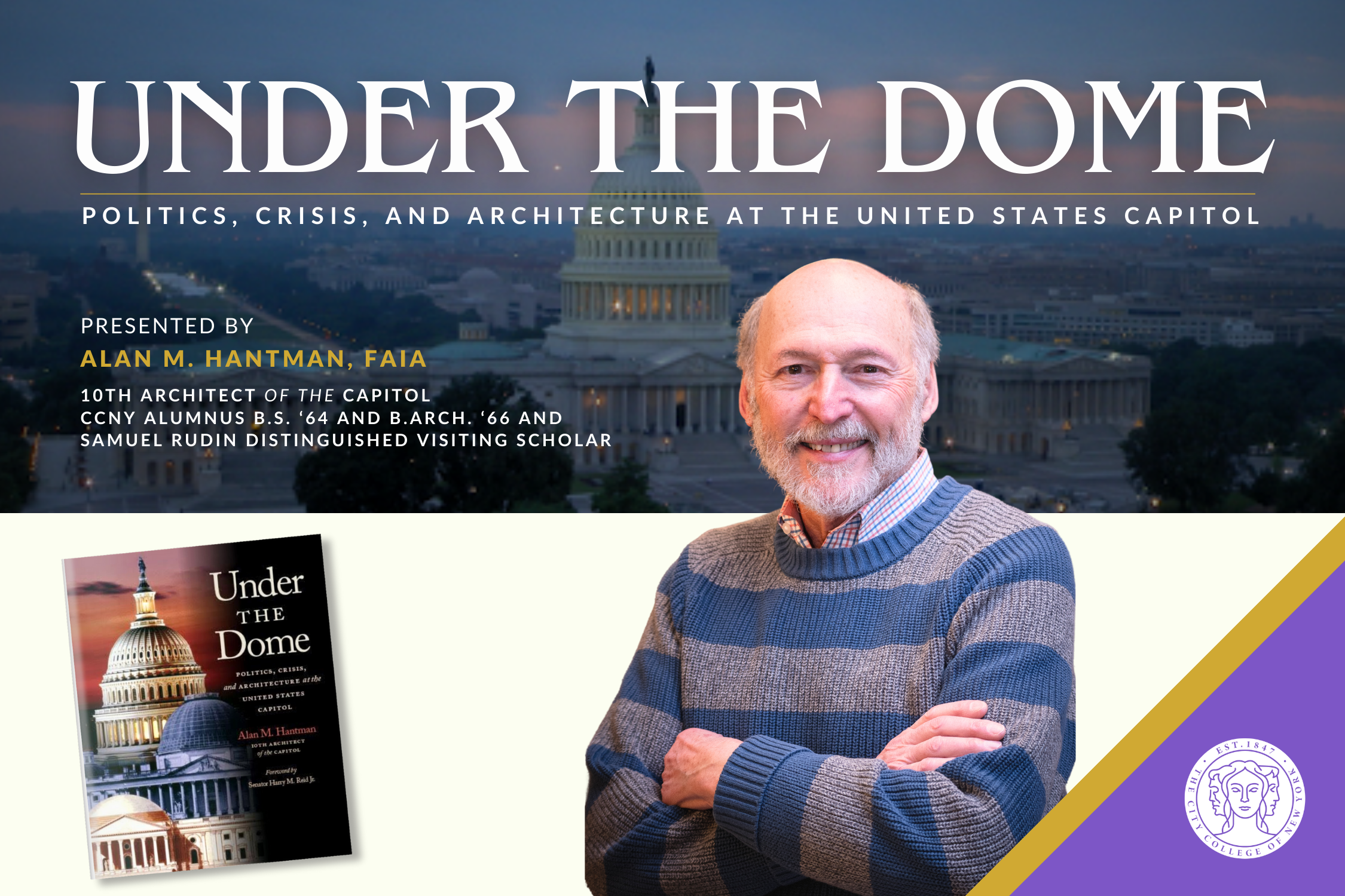 Graphic composite of Alan Hantman standing with his arms crossed in front of the US Capitol building.