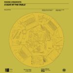 Poster design of a circular table with laptops and notebooks on the top.