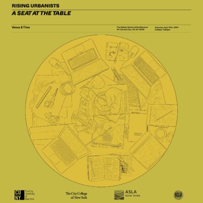 Poster design of a circular table with laptops and notebooks on the top.