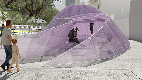 Man and small child stand near the Arquine Pavillion.