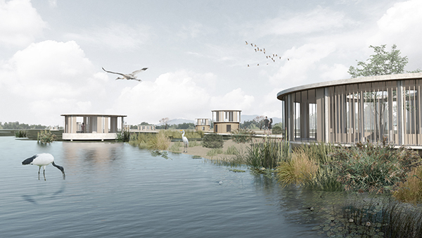 Image of a body of water with birds flying and structures in the background.