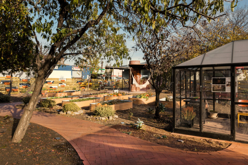 A community garden with a brick-paved path winding through it. There are numerous raised garden beds filled with plants and pumpkins. A small greenhouse is on the right, and in the distance, a hammock is visible under a structure. Trees with some autumn foliage are scattered throughout the scene.