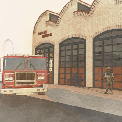 Architectural presentation board. The top half is an illustration of the fire station's street-facing facade, showing a fire truck parked outside the arched garage doors. The bottom half is a site map of the surrounding neighborhood with callouts highlighting local businesses and community goals.