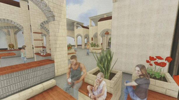 Illustration of a community marketplace courtyard. The space features large pillars and arches made of light-colored, textured blocks. People are sitting on benches and planters, and there are small vendor stalls visible in the background.