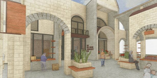 Illustration of a fire station's exterior. The building has a modern, textured brick facade with large arched windows and doors. A fire truck is parked in front, and a firefighter stands near one of the arched doorways.