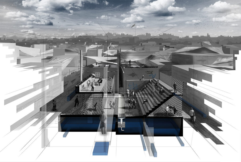 A conceptual, black-and-white architectural section-perspective set within a dense, informal urban settlement. The drawing reveals the internal layers of a community building, showing underground water cisterns (highlighted in blue), a central drainage channel, and various social spaces including an outdoor amphitheater, rooftop terraces with shade sails, and community gathering areas.