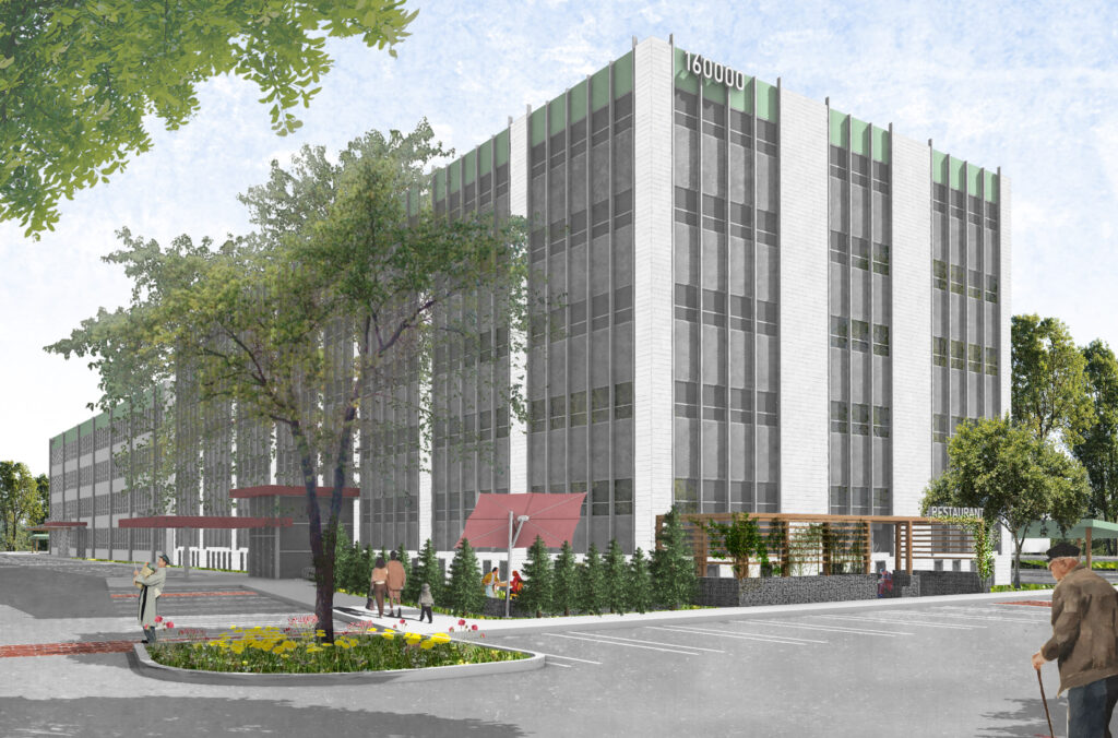 Digital perspective rendering of a five- to six-story commercial or institutional building with white vertical facade fins and dark-tinted ribbon windows, accented with green panels along the roofline. In the foreground, a parking lot and pedestrian walkway feature flowering planter beds, mature trees, scale figures walking, and an outdoor ground-floor restaurant patio shaded with timber trellis structures and a pink canopy.